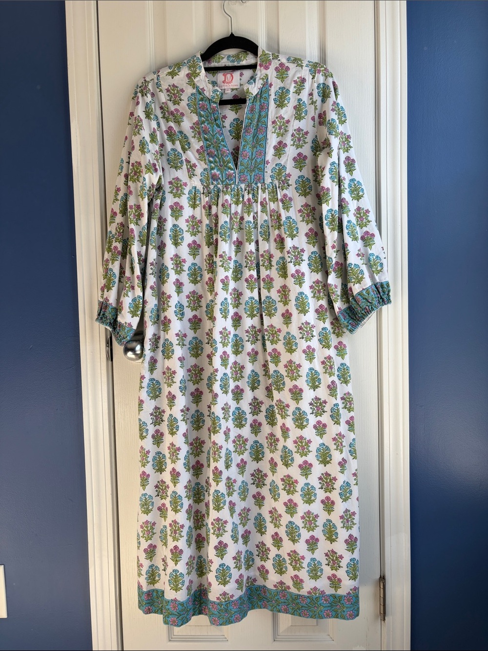 Victoria Dunn Floral Block Print Midi Dress Size Medium Boho Cottagecore